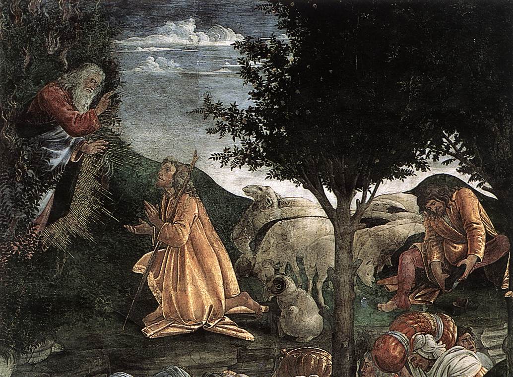 떨기나무안의 하느님을 만나는 모세. 시스틴 성당 벽화, 모세의 생애